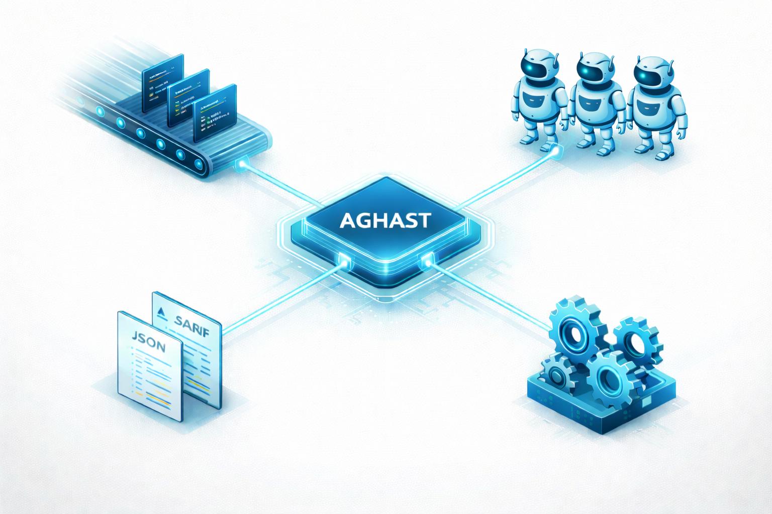 16:9. Isometric digital art illustration showing AGHAST as a central hub connected to four satellite components: a CI/CD pipeline conveyor belt, interchangeable LLM provider blocks, output format documents (JSON, SARIF), and a configuration gear mechanism. Clean lines, modern tech illustration style, blue and teal color palette with white background.