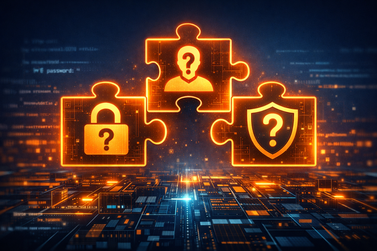 16:9. Illustration of three interconnected puzzle pieces, each containing a different security question mark symbol, floating above a stylized codebase represented as a city grid. The puzzle pieces glow with warm orange light against a dark blue background. Digital art style, clean lines, concept art for software security.